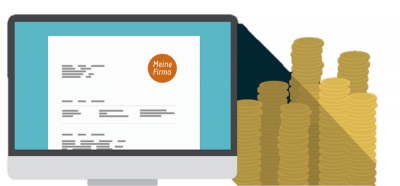 Computer screen with bill invoice orange logo with stacked coins